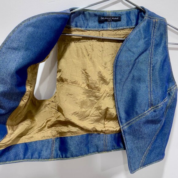 DELPHINE MURAT - VINTAGE -  METALIZED DENIM VEST - GOLD RIBBONS EMBRODERED - XS - Picture 4 of 6